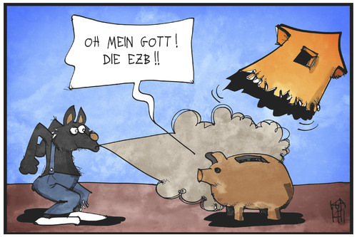 Cartoon: Negativzinsen (medium) by Kostas Koufogiorgos tagged karikatur,koufogiorgos,illustration,cartoon,ezb,sparschwein,schweinchen,wolf,haus,europa,zentralbank,zinsen,spareinlagen,geld,wirtschaft,karikatur,koufogiorgos,illustration,cartoon,ezb,sparschwein,schweinchen,wolf,haus,europa,zentralbank,zinsen,spareinlagen,geld,wirtschaft