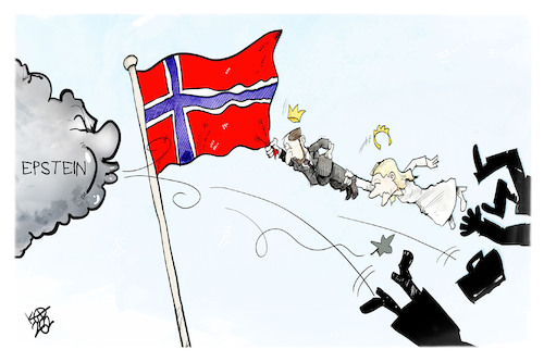 Cartoon: Norwegen (medium) by Kostas Koufogiorgos tagged karikatur,koufogiorgos,norwegen,epstein,königshaus,fahne,flagge,mette,marit,haakan,skandal,karikatur,koufogiorgos,norwegen,epstein,königshaus,fahne,flagge,mette,marit,haakan,skandal
