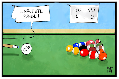 Cartoon: NRW-Wahlkampf (medium) by Kostas Koufogiorgos tagged karikatur,koufogiorgos,illustration,cartoon,nrw,wahlkampf,billard,snooker,spiel,runde,cdu,spd,politik,karikatur,koufogiorgos,illustration,cartoon,nrw,wahlkampf,billard,snooker,spiel,runde,cdu,spd,politik