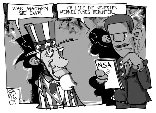 Cartoon: NSA-Abhörskandal (medium) by Kostas Koufogiorgos tagged usa,nsa,sam,obama,merkel,spionage,merkelphone,karikatur,koufogiorgos,usa,nsa,sam,obama,merkel,spionage,merkelphone,karikatur,koufogiorgos