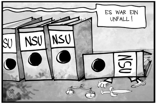 Cartoon: NSU (medium) by Kostas Koufogiorgos tagged karikatur,koufogiorgos,illustration,cartoon,nsu,akte,prozess,justitia,unfall,zeuge,tod,rechtsterrorismus,aufklärung,untersuchungsausschuss,politik,karikatur,koufogiorgos,illustration,cartoon,nsu,akte,prozess,justitia,unfall,zeuge,tod,rechtsterrorismus,aufklärung,untersuchungsausschuss,politik