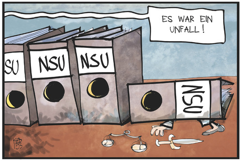 Cartoon: NSU (medium) by Kostas Koufogiorgos tagged karikatur,koufogiorgos,illustration,cartoon,nsu,akte,prozess,justitia,unfall,zeuge,tod,rechtsterrorismus,aufklärung,untersuchungsausschuss,politik,karikatur,koufogiorgos,illustration,cartoon,nsu,akte,prozess,justitia,unfall,zeuge,tod,rechtsterrorismus,aufklärung,untersuchungsausschuss,politik