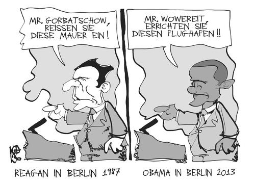 Cartoon: Obamas Rede in Berlin (medium) by Kostas Koufogiorgos tagged koufogiorgos,karikatur,deutschland,usa,flughafen,rede,mauer,reagan,ber,obama,obama,ber,reagan,mauer,rede,flughafen,usa,deutschland,karikatur,koufogiorgos