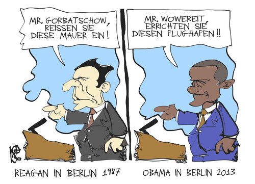 Cartoon: Obamas Rede in Berlin (medium) by Kostas Koufogiorgos tagged obama,ber,reagan,mauer,rede,flughafen,usa,deutschland,karikatur,koufogiorgos,obama,ber,reagan,mauer,rede,flughafen,usa,deutschland,karikatur,koufogiorgos