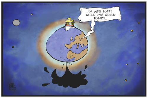 Cartoon: Ölbohrung (medium) by Kostas Koufogiorgos tagged karikatur,koufogiorgos,illustration,shell,öl,bohrung,bohrinsel,rohstoff,ressource,erde,umwelt,konzern,ausbeutung,arktis,planet,karikatur,koufogiorgos,illustration,shell,öl,bohrung,bohrinsel,rohstoff,ressource,erde,umwelt,konzern,ausbeutung,arktis,planet