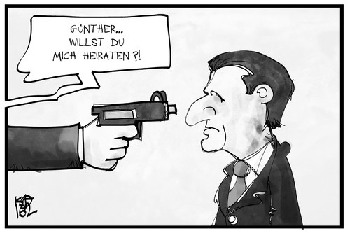 Cartoon: Oettinger und Petry (medium) by Kostas Koufogiorgos tagged karikatur,koufogiorgos,illustration,cartoon,oettinger,petry,hochzeit,heiratsantrag,schuss,pistole,waffe,afd,erschießen,karikatur,koufogiorgos,illustration,cartoon,oettinger,petry,hochzeit,heiratsantrag,schuss,pistole,waffe,afd,erschießen