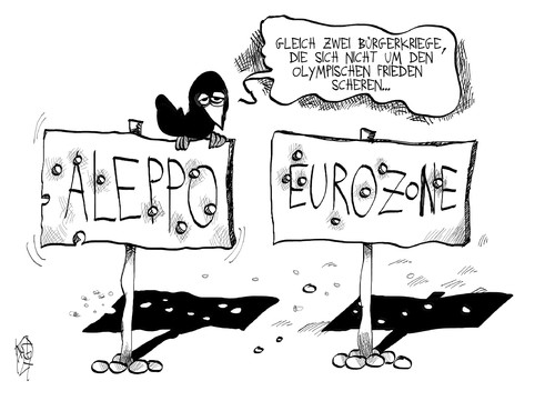 Cartoon: Olympischer Frieden (medium) by Kostas Koufogiorgos tagged olympische,spiele,frieden,aleppo,syrien,bürgerkrieg,euro,zone,schulden,krise,karikatur,kostas,koufogiorgos