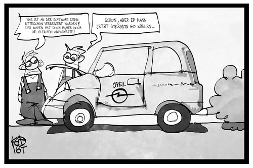 Cartoon: Opel-Software (medium) by Kostas Koufogiorgos tagged karikatur,koufogiorgos,illustration,cartoon,opel,manipulation,betrug,abgas,skandal,pokemon,go,emission,abschaltvorrichtung,zafira,auto,dieselgate,wirtschaft,computerspiel,nintendo,karikatur,koufogiorgos,illustration,cartoon,opel,manipulation,betrug,abgas,skandal,pokemon,go,emission,abschaltvorrichtung,zafira,auto,dieselgate,wirtschaft,computerspiel,nintendo