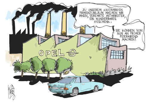 Cartoon: Opel (medium) by Kostas Koufogiorgos tagged kurzarbeit,wirtschaft,opel,kostas,karikatur,automobilindustrie,auto,geschenk,mitarbeiter,geburtstag,koufogiorgos,opel,wirtschaft,kurzarbeit,geburtstag,mitarbeiter,geschenk,auto,automobilindustrie,karikatur,kostas,koufogiorgos