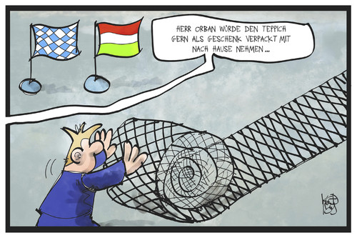 Cartoon: Orban bei der CSU (medium) by Kostas Koufogiorgos tagged karikatur,koufogiorgos,illustration,cartoon,csu,orban,ungarn,teppich,zaun,partei,empfang,geschenk,flüchtlingskrise,politik,karikatur,koufogiorgos,illustration,cartoon,csu,orban,ungarn,teppich,zaun,partei,empfang,geschenk,flüchtlingskrise,politik