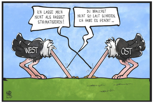 Cartoon: Ost und West (medium) by Kostas Koufogiorgos tagged karikatur,koufogiorgos,illustration,cartoon,rassismus,rechtsextremismus,ost,west,strauss,resignation,kopf,sand,fremdenfeindlichlichkeit,politik,karikatur,koufogiorgos,illustration,cartoon,rassismus,rechtsextremismus,ost,west,strauss,resignation,kopf,sand,fremdenfeindlichlichkeit,politik