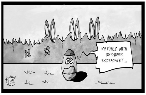 Cartoon: Osterei unter Beobachtung (medium) by Kostas Koufogiorgos tagged karikatur,koufogiorgos,illustration,cartoon,osterei,verstecken,osterhase,beobachtung,ei,osterfest,karikatur,koufogiorgos,illustration,cartoon,osterei,verstecken,osterhase,beobachtung,ei,osterfest