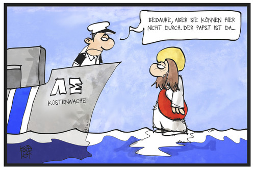 Cartoon: Papst auf Lesbos (medium) by Kostas Koufogiorgos tagged karikatur,koufogiorgos,illustration,cartoon,lesbos,papst,wasser,meer,aegaeis,jesus,christus,kuestenwache,griechenland,absperrung,sicherheit,christentum,katholisch,religion,karikatur,koufogiorgos,illustration,cartoon,lesbos,papst,wasser,meer,aegaeis,jesus,christus,kuestenwache,griechenland,absperrung,sicherheit,christentum,katholisch,religion