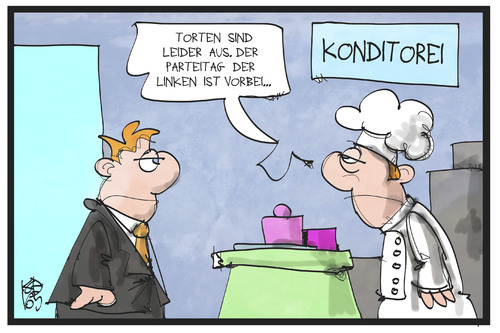 Cartoon: Parteitag die Linke (medium) by Kostas Koufogiorgos tagged karikatur,koufogiorgos,illustration,cartoon,linke,parteitag,torte,konditor,kunde,geschäft,konditorei,tortenattacke,wagenknecht,magdeburg,politik,karikatur,koufogiorgos,illustration,cartoon,linke,parteitag,torte,konditor,kunde,geschäft,konditorei,tortenattacke,wagenknecht,magdeburg,politik