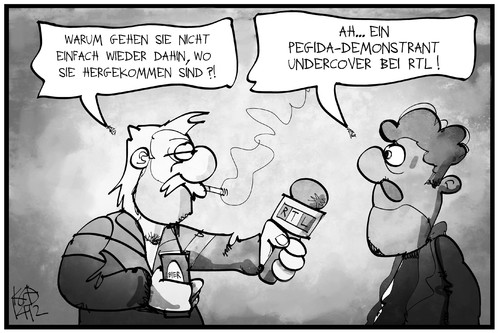 Cartoon: PEGIDA undercover (medium) by Kostas Koufogiorgos tagged karikatur,koufogiorgos,illustration,cartoon,rtl,pegida,asylbewerber,flüchtling,reporter,undercover,medien,inkognito,karikatur,koufogiorgos,illustration,cartoon,rtl,pegida,asylbewerber,flüchtling,reporter,undercover,medien,inkognito