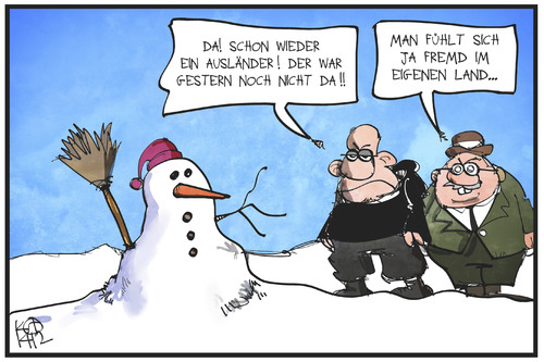 Cartoon: Pegida vs. Schneemann (medium) by Kostas Koufogiorgos tagged karikatur,koufogiorgos,illustration,cartoon,pegida,ausländer,schneemann,fremd,deutschland,winter,schnee,ausländerfeindlichkeit,karikatur,koufogiorgos,illustration,cartoon,pegida,ausländer,schneemann,fremd,deutschland,winter,schnee,ausländerfeindlichkeit