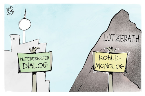 Cartoon: Petersberger Dialog vs. Kohle-Mo (medium) by Kostas Koufogiorgos tagged karikatur,koufogiorgos,petersberg,dialog,monolog,berlin,lützerath,klima,energiewende,kohle,karikatur,koufogiorgos,petersberg,dialog,monolog,berlin,lützerath,klima,energiewende,kohle