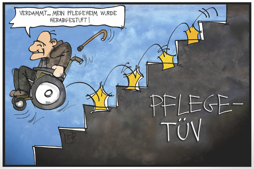 Cartoon: Pflege-TÜV (medium) by Kostas Koufogiorgos tagged karikatur,koufogiorgos,illustration,cartoon,pflege,tuev,pflegeheim,altenheim,senior,rollstuhl,stufe,herabstufung,rating,benotung,demographie,karikatur,koufogiorgos,illustration,cartoon,pflege,tuev,pflegeheim,altenheim,senior,rollstuhl,stufe,herabstufung,rating,benotung,demographie