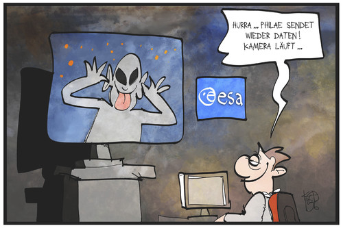 Cartoon: Philae sendet (medium) by Kostas Koufogiorgos tagged karikatur,koufogiorgos,illustration,cartoon,philae,rosetta,tschuri,komet,landeroboter,esa,zentrale,raumfahrt,weltall,alien,ausserirdisch,ausserirdischer,foto,senden,daten,funken,wissenschaft,technik,karikatur,koufogiorgos,illustration,cartoon,philae,rosetta,tschuri,komet,landeroboter,esa,zentrale,raumfahrt,weltall,alien,ausserirdisch,ausserirdischer,foto,senden,daten,funken,wissenschaft,technik