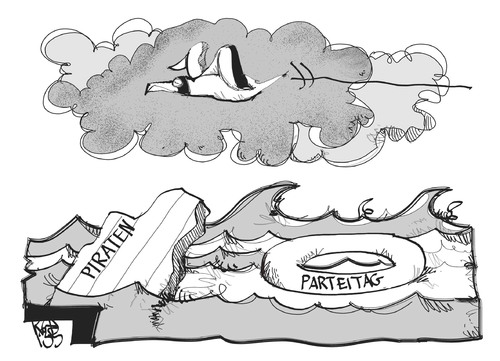 Cartoon: Piraten-Parteitag (medium) by Kostas Koufogiorgos tagged piratenpartei,parteitag,untergang,umfrage,bundestagswahl,karikatur,koufogiorgos,piratenpartei,parteitag,untergang,umfrage,bundestagswahl,karikatur,koufogiorgos