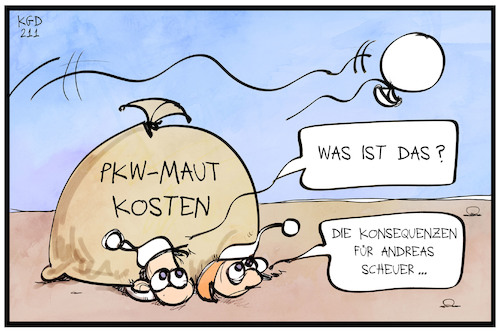 Cartoon: PKW-Maut-Skandal (medium) by Kostas Koufogiorgos tagged karikatur,koufogiorgos,illustration,cartoon,scheuer,pkw,maut,untersuchungsausschuss,folgen,konsequenzen,steuergelder,last,steuerzahler,geld,verschwendung,karikatur,koufogiorgos,illustration,cartoon,scheuer,pkw,maut,untersuchungsausschuss,folgen,konsequenzen,steuergelder,last,steuerzahler,geld,verschwendung