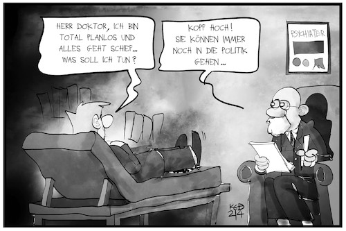 Cartoon: Planlos in der Politik (medium) by Kostas Koufogiorgos tagged karikatur,koufogiorgos,illustration,cartoon,politik,planlos,psychiater,freud,arzt,strategie,patient,karikatur,koufogiorgos,illustration,cartoon,politik,planlos,psychiater,freud,arzt,strategie,patient