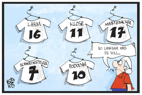 Cartoon: Podolski tritt zurück (medium) by Kostas Koufogiorgos tagged karikatur,koufogiorgos,illustration,cartoon,trikot,sammlung,sport,fussball,nationalmannschaft,dfb,elf,michel,karikatur,koufogiorgos,illustration,cartoon,trikot,sammlung,sport,fussball,nationalmannschaft,dfb,elf,michel