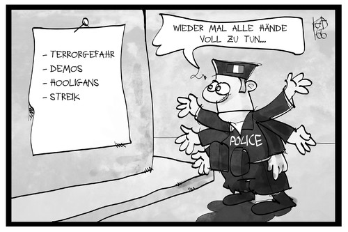 Cartoon: Polizei Frankreich (medium) by Kostas Koufogiorgos tagged karikatur,koufogiorgos,illustration,cartoon,polizei,bedrohung,arbeit,hände,terrorismus,terrorgefahr,sicherheit,demos,hooligans,gewalt,frankreich,gendarmerie,überforderung,karikatur,koufogiorgos,illustration,cartoon,polizei,bedrohung,arbeit,hände,terrorismus,terrorgefahr,sicherheit,demos,hooligans,gewalt,frankreich,gendarmerie,überforderung