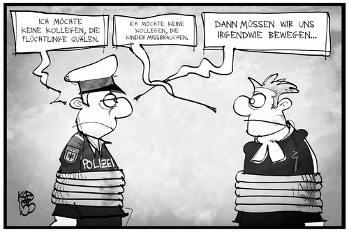 Cartoon: Polizeigewalt (medium) by Kostas Koufogiorgos tagged karikatur,koufogiorgos,illustration,cartoon,kollegen,polizei,kirche,pädophilie,gewalt,fessel,geisel,arbeit,karikatur,koufogiorgos,illustration,cartoon,kollegen,polizei,kirche,pädophilie,gewalt,fessel,geisel,arbeit