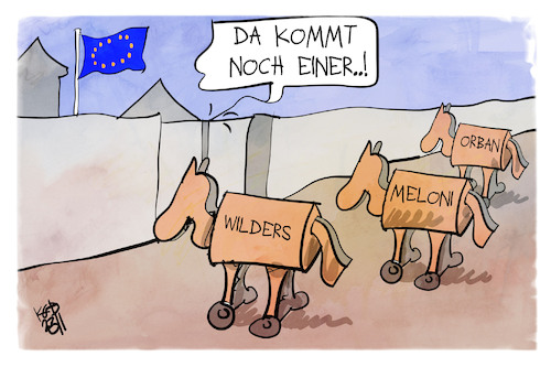 Cartoon: Populisten in der EU (medium) by Kostas Koufogiorgos tagged karikatur,koufogiorgos,populismus,eu,europa,wilders,meloni,trojanisches,pferd,karikatur,koufogiorgos,populismus,eu,europa,wilders,meloni,trojanisches,pferd