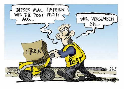 Cartoon: Poststreik (medium) by Kostas Koufogiorgos tagged post,streik,warnstreik,verdi,kostas,koufogiorgos,post,streik,warnstreik,verdi,kostas,koufogiorgos,pakete,ausliefern,gehälter,niedrig