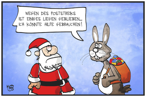 Cartoon: Poststreik (medium) by Kostas Koufogiorgos tagged karikatur,koufogiorgos,illustration,cartoon,weihnachtsmann,osterhase,ostern,zustellung,post,posttreik,arbeitskampf,hilfe,politik,karikatur,koufogiorgos,illustration,cartoon,weihnachtsmann,osterhase,ostern,zustellung,post,posttreik,arbeitskampf,hilfe,politik