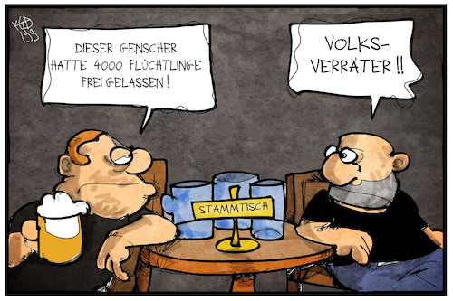 Cartoon: Prager Botschaft 1989 (medium) by Kostas Koufogiorgos tagged karikatur,koufogiorgos,illustration,cartoon,ddr,genscher,ausreise,flüchtlinge,geschichte,historisch,stammtisch,populismus,verräter,volk,aussenminister,prag,botschaft,karikatur,koufogiorgos,illustration,cartoon,ddr,genscher,ausreise,flüchtlinge,geschichte,historisch,stammtisch,populismus,verräter,volk,aussenminister,prag,botschaft