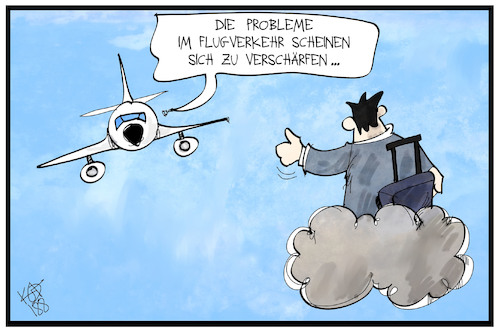 Cartoon: Probleme im Flugverkehr (medium) by Kostas Koufogiorgos tagged karikatur,koufogiorgos,illustration,cartoon,flug,flugverkehr,ausfall,passagier,tourismus,reise,reisende,flugzeug,kunde,verbraucher,urlaub,karikatur,koufogiorgos,illustration,cartoon,flug,flugverkehr,ausfall,passagier,tourismus,reise,reisende,flugzeug,kunde,verbraucher,urlaub