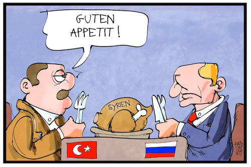 Cartoon: Putin und Erdogan (medium) by Kostas Koufogiorgos tagged karikatur,koufogiorgos,illustration,cartoon,erdogan,putin,syrien,essen,appetit,tuerkei,russland,konflikt,konferenz,karikatur,koufogiorgos,illustration,cartoon,erdogan,putin,syrien,essen,appetit,tuerkei,russland,konflikt,konferenz