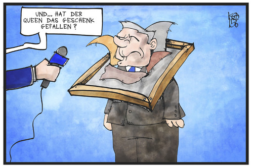 Cartoon: Queen-Besuch (medium) by Kostas Koufogiorgos tagged karikatur,koufogiorgos,illustration,cartoon,queen,gauck,geschenk,gast,staatsbesuch,gemälde,bild,malerei,grossbritannien,königin,diplomatie,karikatur,koufogiorgos,illustration,cartoon,queen,gauck,geschenk,gast,staatsbesuch,gemälde,bild,malerei,grossbritannien,königin,diplomatie