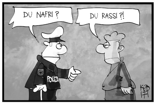 Cartoon: Racial Profiling (medium) by Kostas Koufogiorgos tagged karikatur,koufogiorgos,illustration,cartoon,nafri,nordafrika,straftäter,intensivtäter,rassist,racial,profiling,kontrolle,polizei,polizist,migrant,nationalität,kriminalität,karikatur,koufogiorgos,illustration,cartoon,nafri,nordafrika,straftäter,intensivtäter,rassist,racial,profiling,kontrolle,polizei,polizist,migrant,nationalität,kriminalität