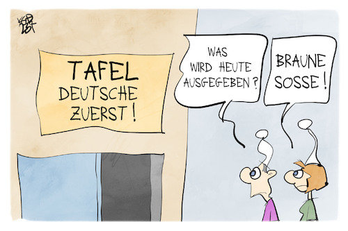 Cartoon: Rassismus bei der Tafel (medium) by Kostas Koufogiorgos tagged karikatur,koufogiorgos,tafel,kahla,thüringen,rassismus,braun,karikatur,koufogiorgos,tafel,kahla,thüringen,rassismus,braun