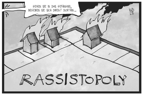 Cartoon: Rassistopoly (medium) by Kostas Koufogiorgos tagged karikatur,koufogiorgos,illustration,cartoon,rechtsextremismus,rassismus,spiel,haus,brand,brandstiftung,asylbewerber,flüchtlinge,heim,unterkunft,brandanschlag,karikatur,koufogiorgos,illustration,cartoon,rechtsextremismus,rassismus,spiel,haus,brand,brandstiftung,asylbewerber,flüchtlinge,heim,unterkunft,brandanschlag