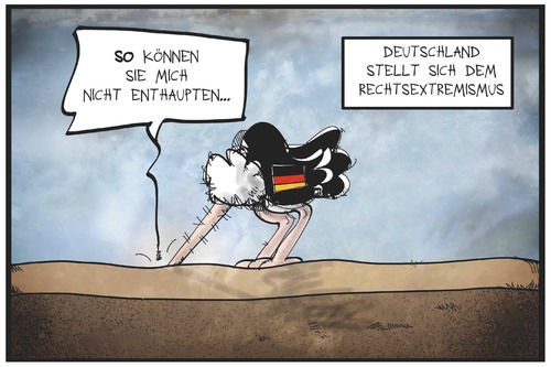 Cartoon: Rechtsextremismus (medium) by Kostas Koufogiorgos tagged karikatur,koufogiorgos,illustration,cartoon,fremdenfeindlichkeit,rechtsextremismus,neonazi,strauss,kopf,sand,enthauptung,drohung,politik,logik,schlussfolgerung,troeglitz,karikatur,koufogiorgos,illustration,cartoon,fremdenfeindlichkeit,rechtsextremismus,neonazi,strauss,kopf,sand,enthauptung,drohung,politik,logik,schlussfolgerung,troeglitz