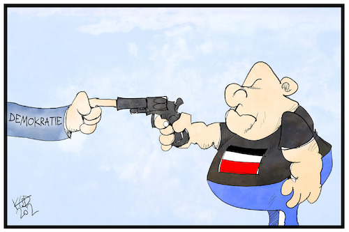 Cartoon: Rechtsterrorismus (medium) by Kostas Koufogiorgos tagged karikatur,koufogiorgos,illustration,cartoon,demokratie,rechtsextremismus,rechtsterrorismus,waffe,gewalt,gegenwehr,gesellschaft,nazi,neonazi,karikatur,koufogiorgos,illustration,cartoon,demokratie,rechtsextremismus,rechtsterrorismus,waffe,gewalt,gegenwehr,gesellschaft,nazi,neonazi