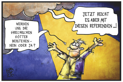 Cartoon: Referendum (medium) by Kostas Koufogiorgos tagged karikatur,koufogiorgos,illustration,cartoon,referendum,götter,griechenland,olymp,ja,nein,entscheidung,volksentscheid,schuldenkrise,politik,demokratie,karikatur,koufogiorgos,illustration,cartoon,referendum,götter,griechenland,olymp,ja,nein,entscheidung,volksentscheid,schuldenkrise,politik,demokratie