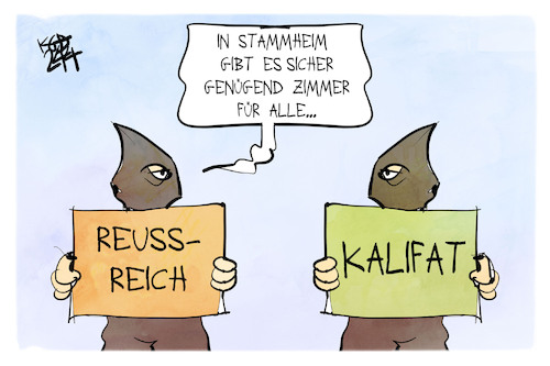 Cartoon: Reich oder Kalifat (medium) by Kostas Koufogiorgos tagged karikatur,koufogiorgos,reich,reuss,kalifat,prinz,terrorismus,stammheim,haft,karikatur,koufogiorgos,reich,reuss,kalifat,prinz,terrorismus,stammheim,haft