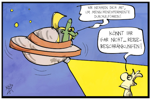 Cartoon: Reisebeschränkungen (medium) by Kostas Koufogiorgos tagged karikatur,koufogiorgos,illustration,cartoon,reisebeschraenkung,alien,mensch,erde,corona,pandemie,untertasse,ufo,entführung,karikatur,koufogiorgos,illustration,cartoon,reisebeschraenkung,alien,mensch,erde,corona,pandemie,untertasse,ufo,entführung