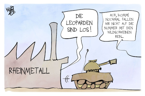 Cartoon: Rheinmetall liefert Leoparden (medium) by Kostas Koufogiorgos tagged karikatur,koufogiorgos,leopard,wildschwein,berlin,rheinmetall,panzer,karikatur,koufogiorgos,leopard,wildschwein,berlin,rheinmetall,panzer