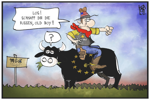 Cartoon: Richtung im Ukraine-Konflikt (medium) by Kostas Koufogiorgos tagged karikatur,koufogiorgos,illustration,cartoon,ukraine,konflikt,krieg,krise,usa,eu,europa,stier,cowboy,russland,russen,strategie,führung,politik,karikatur,koufogiorgos,illustration,cartoon,ukraine,konflikt,krieg,krise,usa,eu,europa,stier,cowboy,russland,russen,strategie,führung,politik