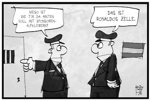 Cartoon: Ronaldo-Sponsoring (medium) by Kostas Koufogiorgos tagged karikatur,koufogiorgos,illustration,cartoon,ronaldo,steuerhinterziehung,gefängnis,zelle,wachmann,justiz,sponsor,geld,unterstützer,spanien,fussball,sport,karikatur,koufogiorgos,illustration,cartoon,ronaldo,steuerhinterziehung,gefängnis,zelle,wachmann,justiz,sponsor,geld,unterstützer,spanien,fussball,sport