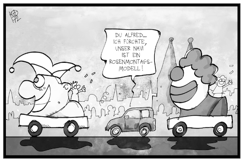 Cartoon: Rosenmontag (medium) by Kostas Koufogiorgos tagged karikatur,koufogiorgos,illustration,cartoon,rosenmontag,navi,verfahren,karneval,fasching,auto,strasse,umzug,fest,kultur,feier,strassenkarneval,fastnacht,karikatur,koufogiorgos,illustration,cartoon,rosenmontag,navi,verfahren,karneval,fasching,auto,strasse,umzug,fest,kultur,feier,strassenkarneval,fastnacht