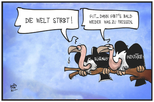 Cartoon: Rüstungsindustrie (medium) by Kostas Koufogiorgos tagged karikatur,koufogiorgos,illustration,cartoon,ruestungsindustrie,waffen,wirtschaft,geier,vogel,fressen,profit,export,welt,tod,karikatur,koufogiorgos,illustration,cartoon,ruestungsindustrie,waffen,wirtschaft,geier,vogel,fressen,profit,export,welt,tod