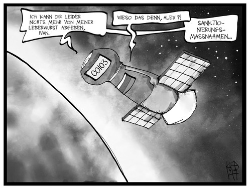 Cartoon: Russland-Sanktionen (medium) by Kostas Koufogiorgos tagged karikatur,koufogiorgos,cartoon,illustration,sojus,iss,alexander,gerst,astronaut,weltall,sanktionen,erde,russland,deutschland,konflikt,ukraine,karikatur,koufogiorgos,cartoon,illustration,sojus,iss,alexander,gerst,astronaut,weltall,sanktionen,erde,russland,deutschland,konflikt,ukraine